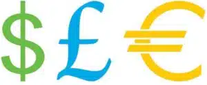 Currency Symbols: dollar, libra, euro