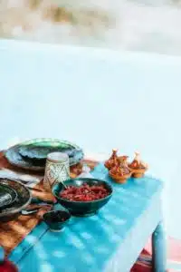 blue table, green plates