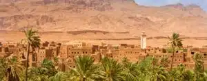 A city oasis surrounded by palm trees with mountains in the background, showcasing a popular destination for Morocco tours.