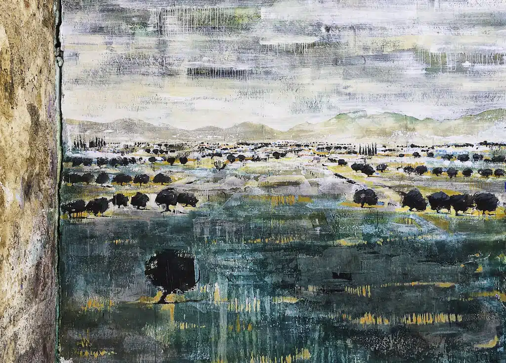A close-up of an aquarel painting on a canvas seen during the Asilah Art Festival in Morocco