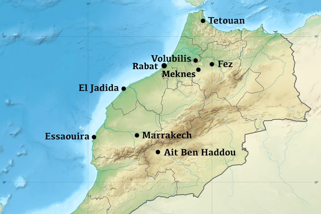 the map of Morocco with its 9 UNESCO sites highlighted