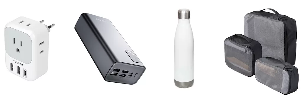 travel essential that you shouldn't forget on your morocco packing list: power adaptor, power bank, refillable water bottle and packing cubes