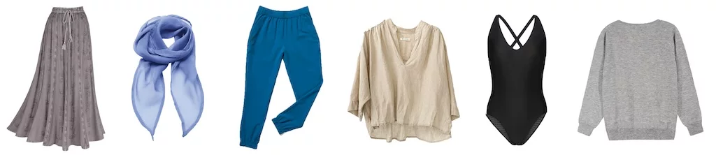 recommended articles of clothing for women traveling to morocco: long skirt, scarf, long pants, loose-fitting blouse, one-piece bathing suit, long-sleeve sweater