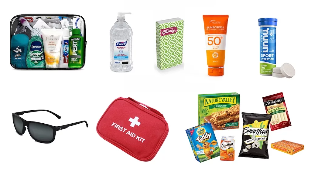 articles of personal hygiene and healthcare: antibacterial gel, tissues, sunscreen, electrolytes, sunglasses, first-aid kit, and snacks for your kids
