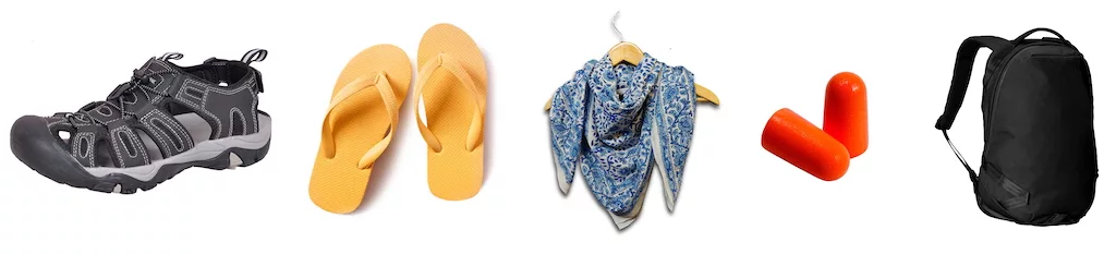 recommended footwear and accessories for your morocco packing list: closed-toe sandals, flip flops, scarf, ear plugs, and a daypack