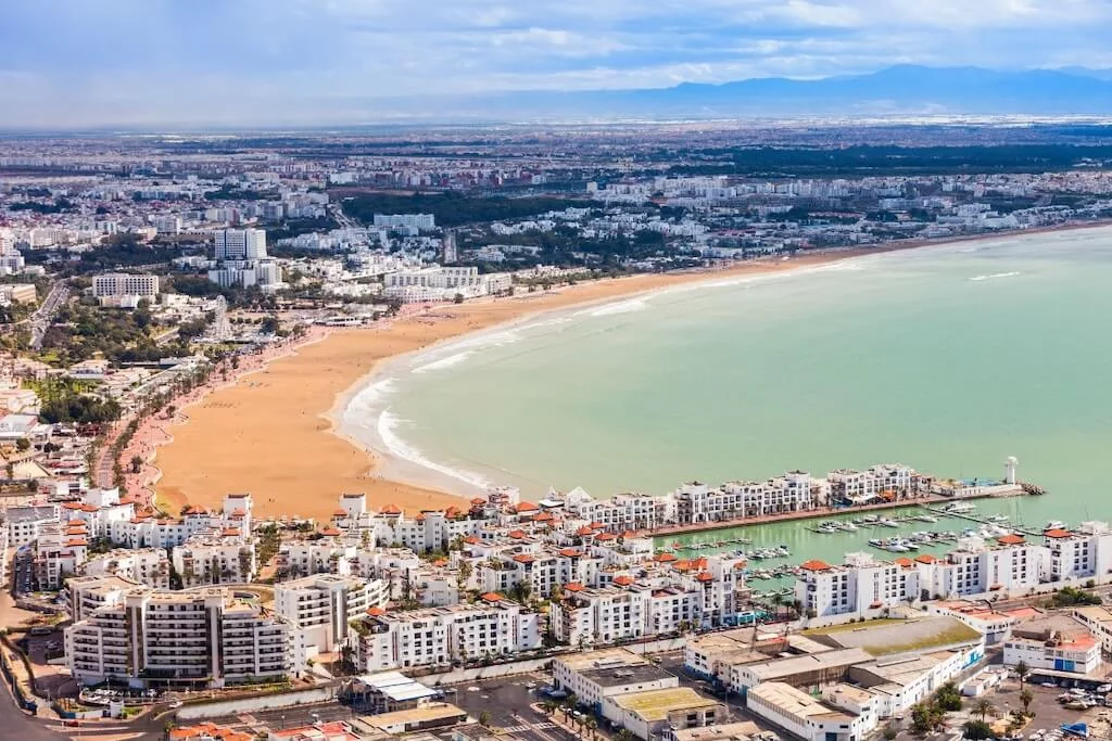 An aerial view of the coastal town of Agadit, a popular beach destination for the New Year in Morocco.