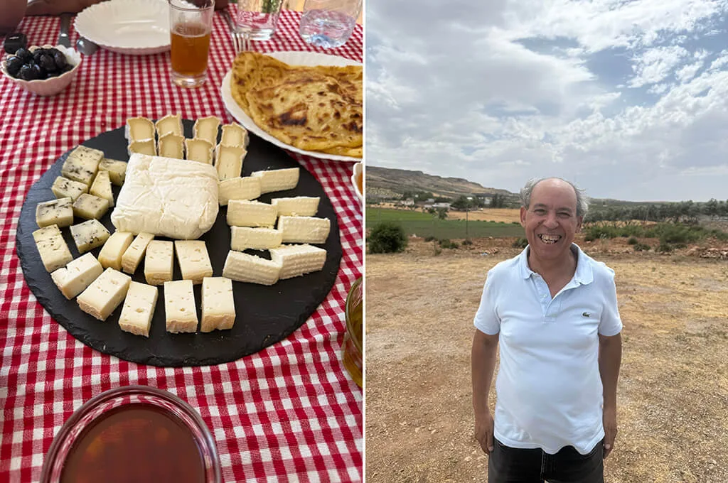 Two images from the cheese farm in the Middle Atlas. On the left, a tasting platter with different kinds of cheese, and on the right, the owner of the farm and our good friend smiling at the camera.