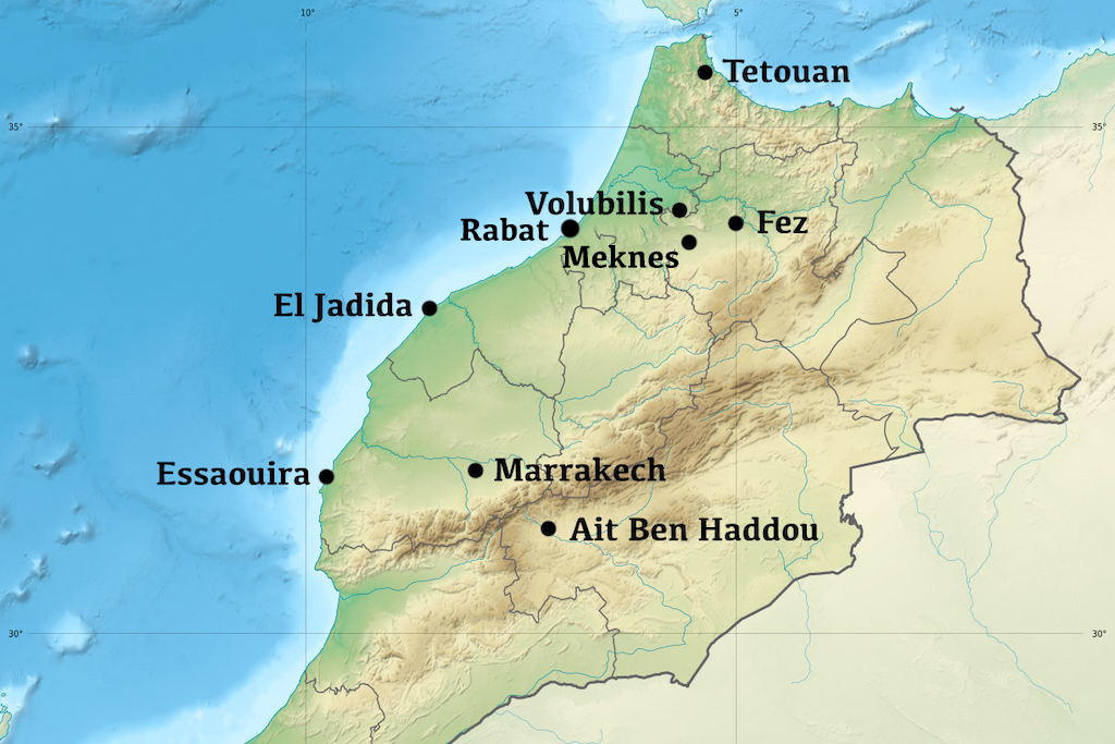 the map of Morocco with its 9 UNESCO sites highlighted