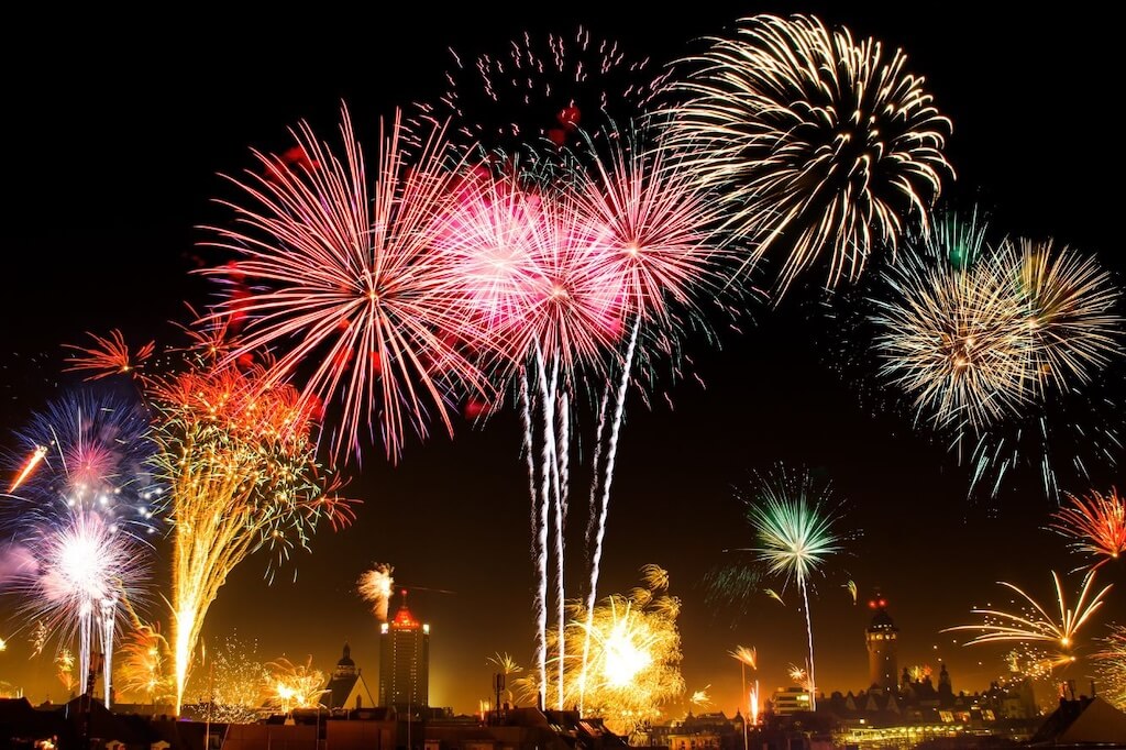 Fireworks on the night sky above Marrakech during the New Year's Eve celebration in Morocco.