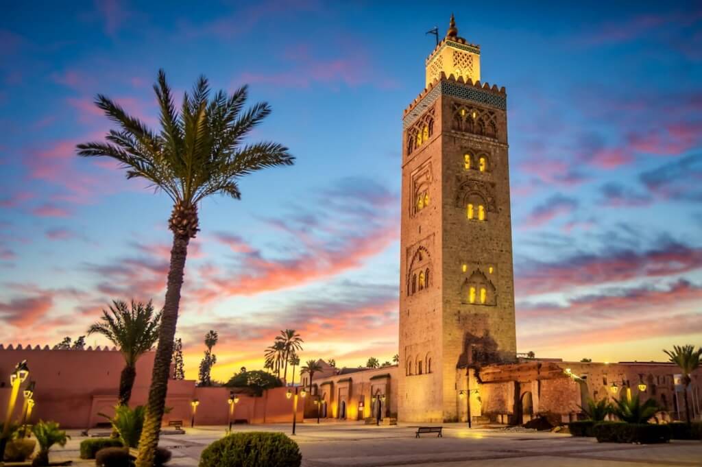 The Koutoubia Mosque in Marrakech lighted up with beautiful colors right after the sunset on the New Year's Eve in Morocco.